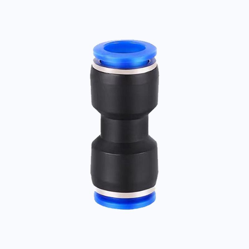 Pneumatic Air Tube Connector: PU8 Straight, PV10 Right-Angle Elbow, Quick-Insert, Butt Joint, Blue Plastic, PG6-4 Reducer.