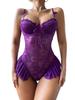 Purple Lace One Piece With Detachable Cape Open Back Halter Buckle Crotch Lingerie Steel Ring Support Underwear