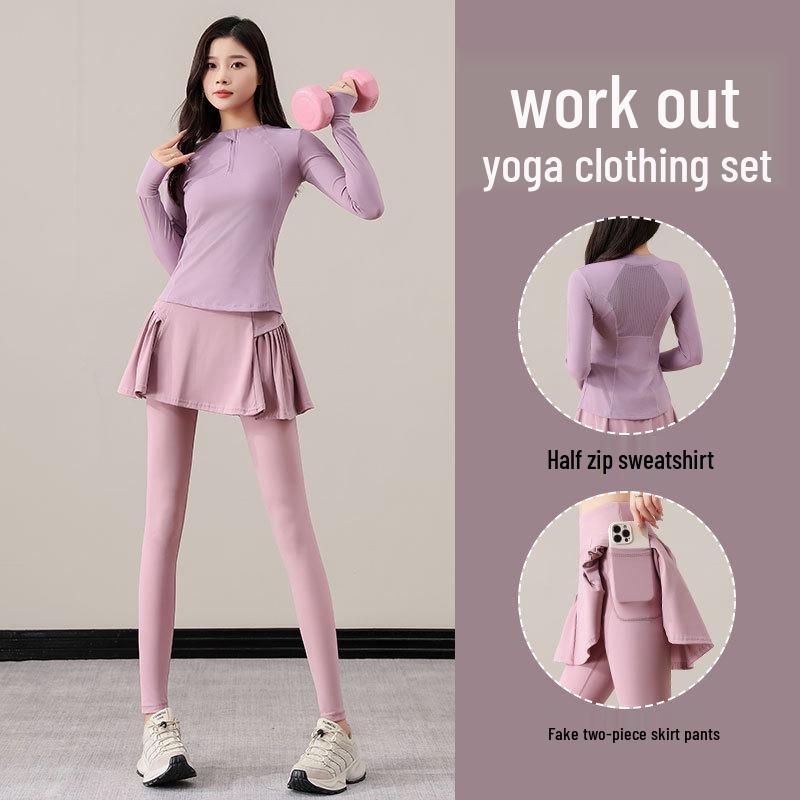 Women's Small Yoga & Fitness Set: Half-Zip Long Sleeve Top, Skirt, and Pants for Spring & Autumn