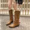 Fashion New Style Embroidered Western Cowboy Boots for Women Autumn Pointed Toe Thick Heel High Knee Boot Woman Loose Leather Long Boots
