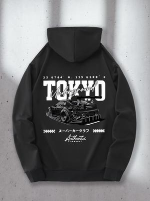 Men's Tokyo Graphic Hoodie with Japanese Text & Drift Racing Car Print - Urban Streetwear Pullover Sweatshirt, Kangaroo Pocket
