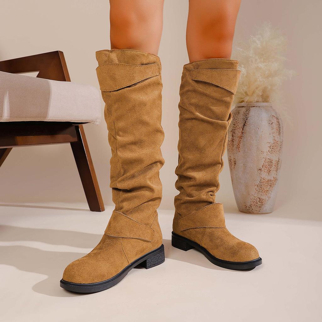 Plus Size Stacked Boots Women,Wrinkle Boots with Block Heel for Women