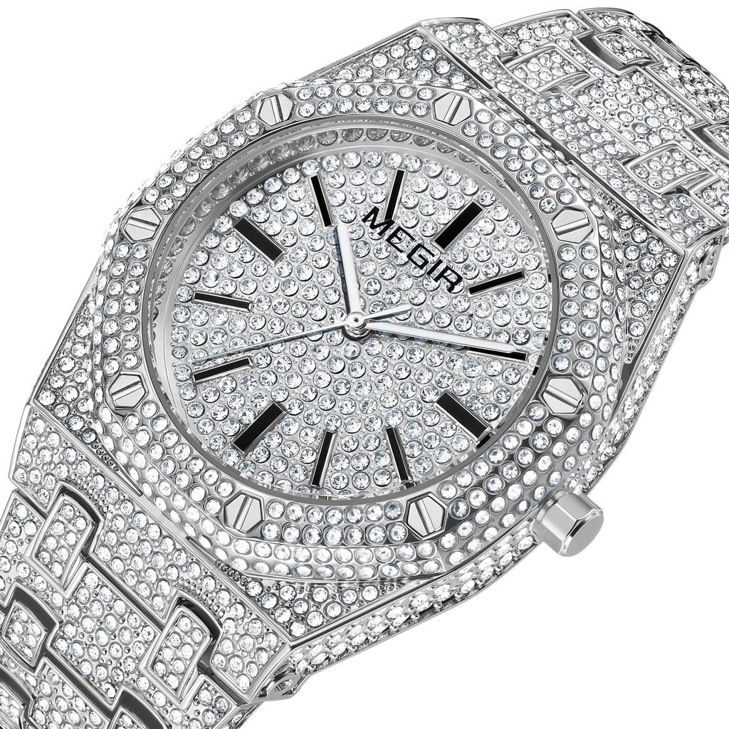 Megir Luxusní pánské hodinky s diamanty Náramek z nerezové oceli Quartzové náramkové hodinky Vodotěsné Pánské hodinky Business hodinky Relogio Masculino 1091