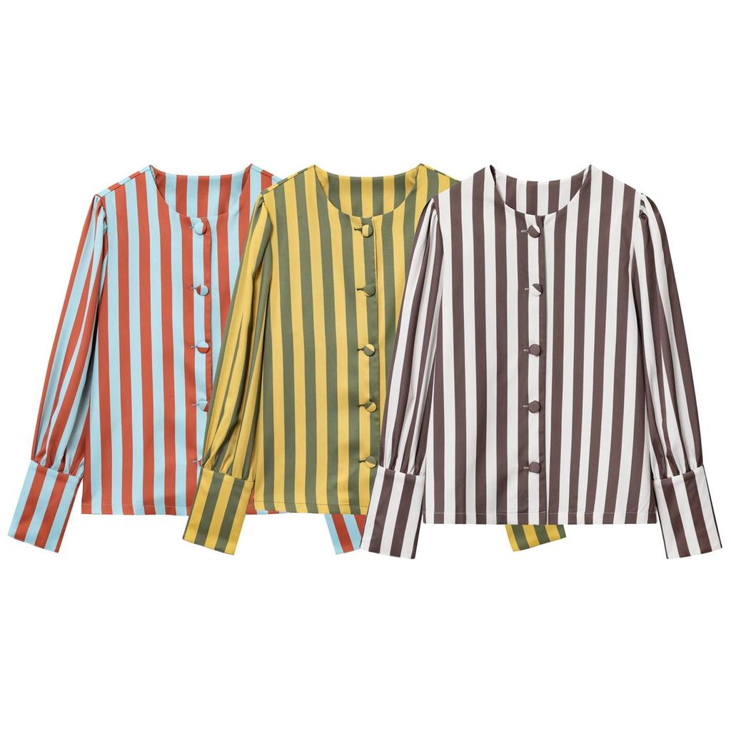 Elegant Women's Long Sleeve Striped Doll Collar Shirt