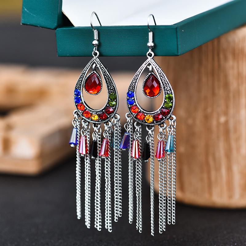 

Fashion Ethnic Crystal Chain Tassel Dangle Earrings for Women Retro Long Rhinestone Water Drop Earrings Female Jewelry разноцветный