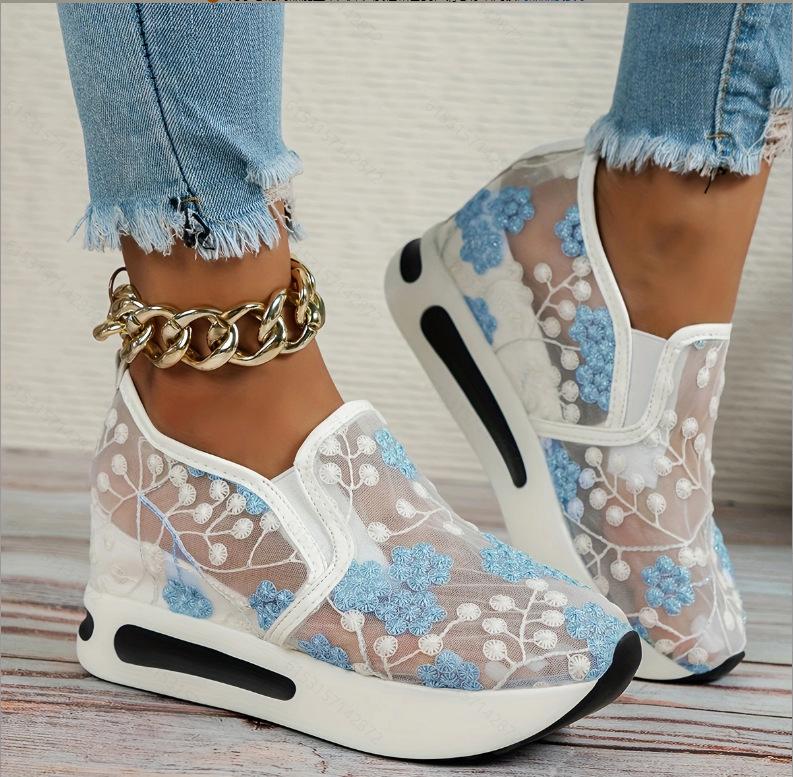 Damesschoenen Bloemenborduurwerk Mesh Sneakers voor dames Instapper Casual Comfortabele schoenen met hoge hak Vrouw
