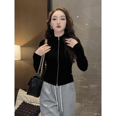 Women's Korean Style Double Zipper Long Sleeve Slimming Top for Autumn/Winter 2025