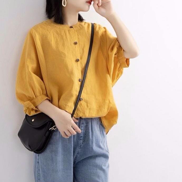 Summer Cotton and Linen Shirt Women's Lantern Sleeves Retro Artistic Top Loose Middle Sleeves Plus Size Shirt Women