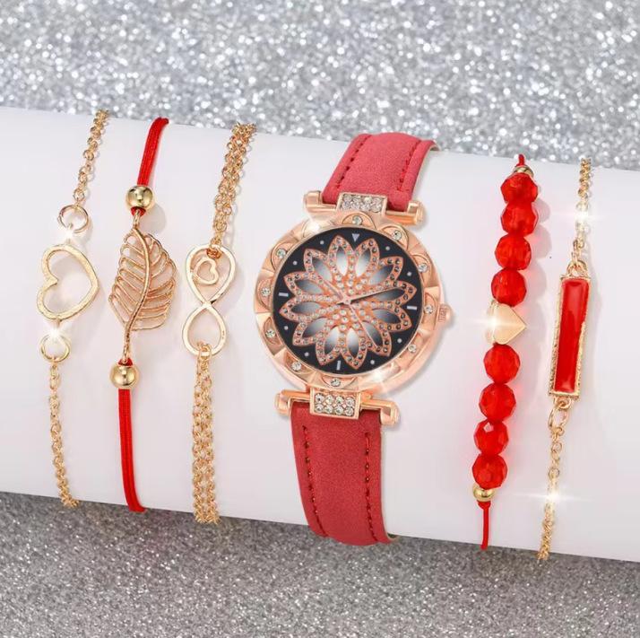 New Ladies Diamond Dial Belt Quartz Watch Beaded Bracelet Set 6Pcsset Chronograph Watch bulk price