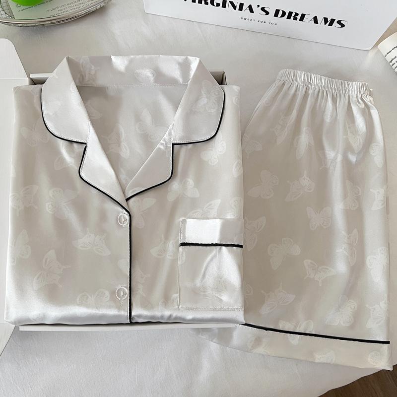 Butterfly Jacquard Wind Ice Silk Solid Color Simple Pajamas Women'S Summer Luxury Short-Sleeved Suit