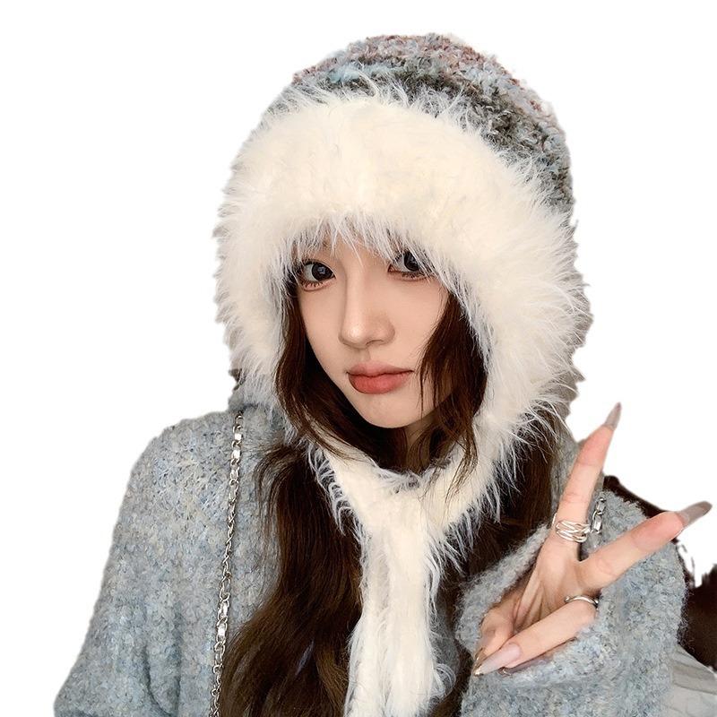 Autumn and Winter New Warm Furry and Cute Ear Protection Hat for Women with Dopamine Straps Korean Style Lei Feng Plush Hat To Keep Out The Cold
