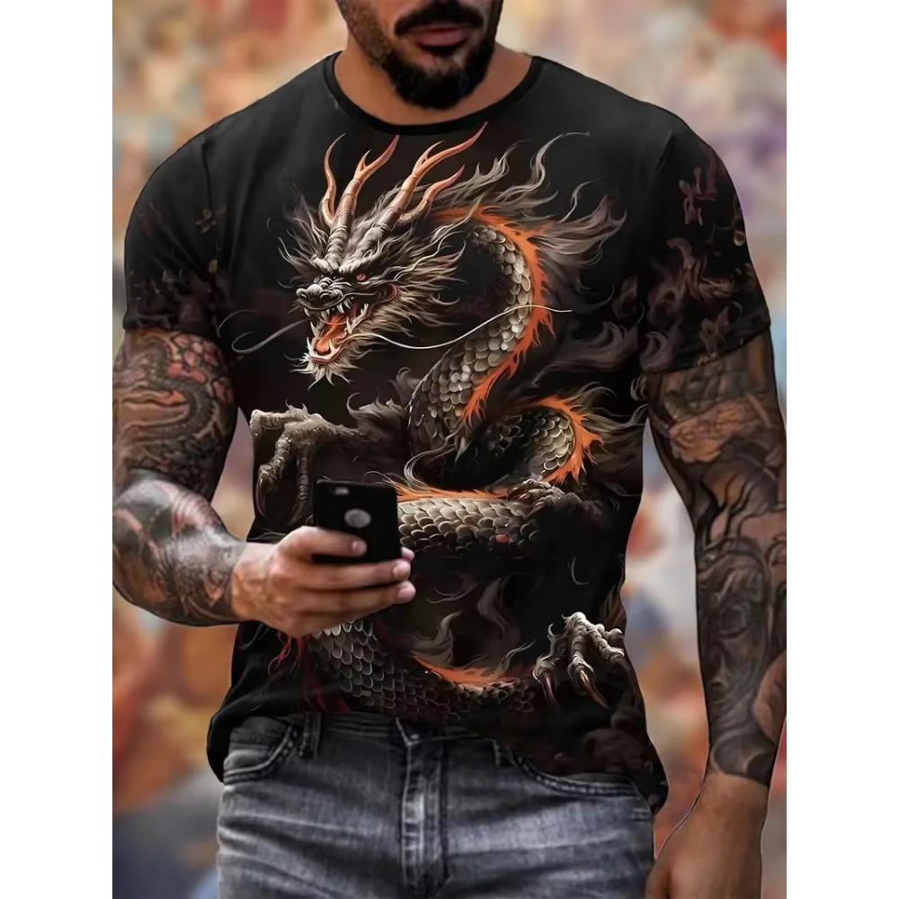 Men's T-Shirt Dragon Short Sleeve Outdoor Fashion Street Round Neck Top Summer Casual Men's Clothing