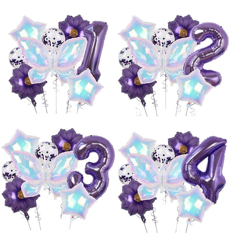 Colorful Large Butterfly Purple Flower 32 Digital Aluminum Film Balloon Set Latex Sequins Birthday Party Decoration
