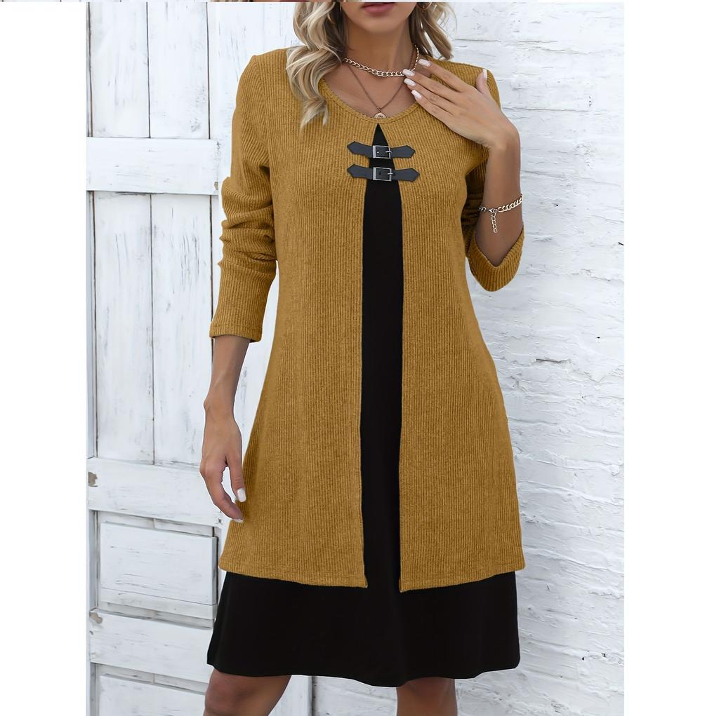 Color Blocking Fake Zweiteiler Knopfkleid Pullover