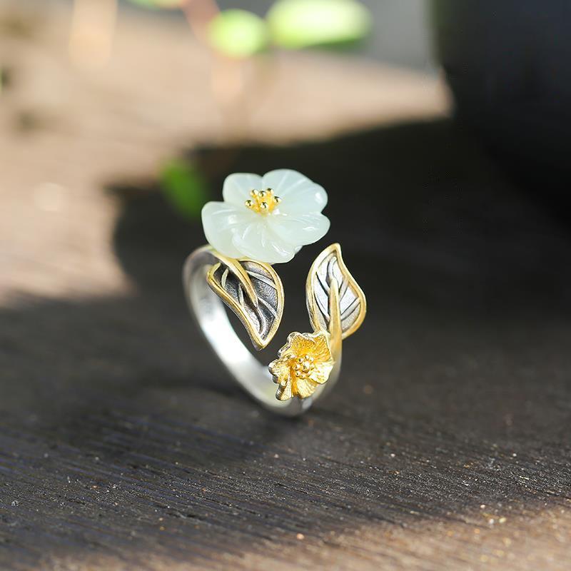 New   Natural Hetian Jade Lotus Handmade Female Model Atmospheric Retro Temperament Open Ring