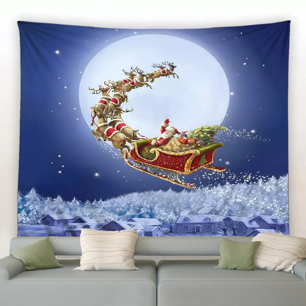 Cartoon Santa Claus Pattern Tapestry Home Bedroom Living Room Wall Decoration Christmas Theme Tapestry