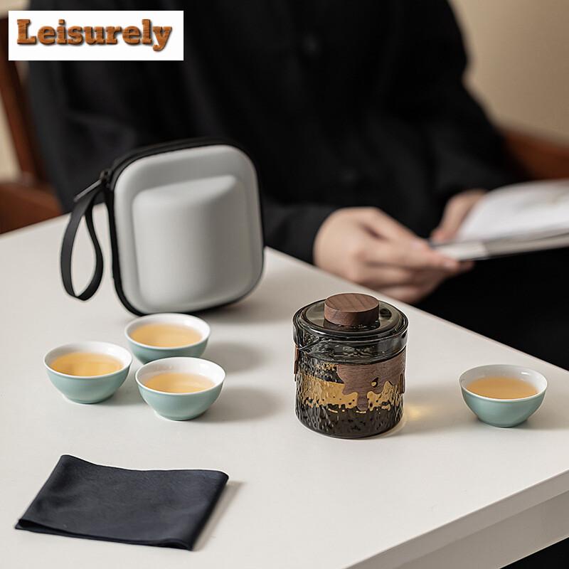 Set de ceai de călătorie, 1 ceainic și 4 căni, ceainic și ceașcă de ceai portabil pentru camping în aer liber cu pungă, seturi de ceai, instrumente de preparare a ceaiului de uz casnic