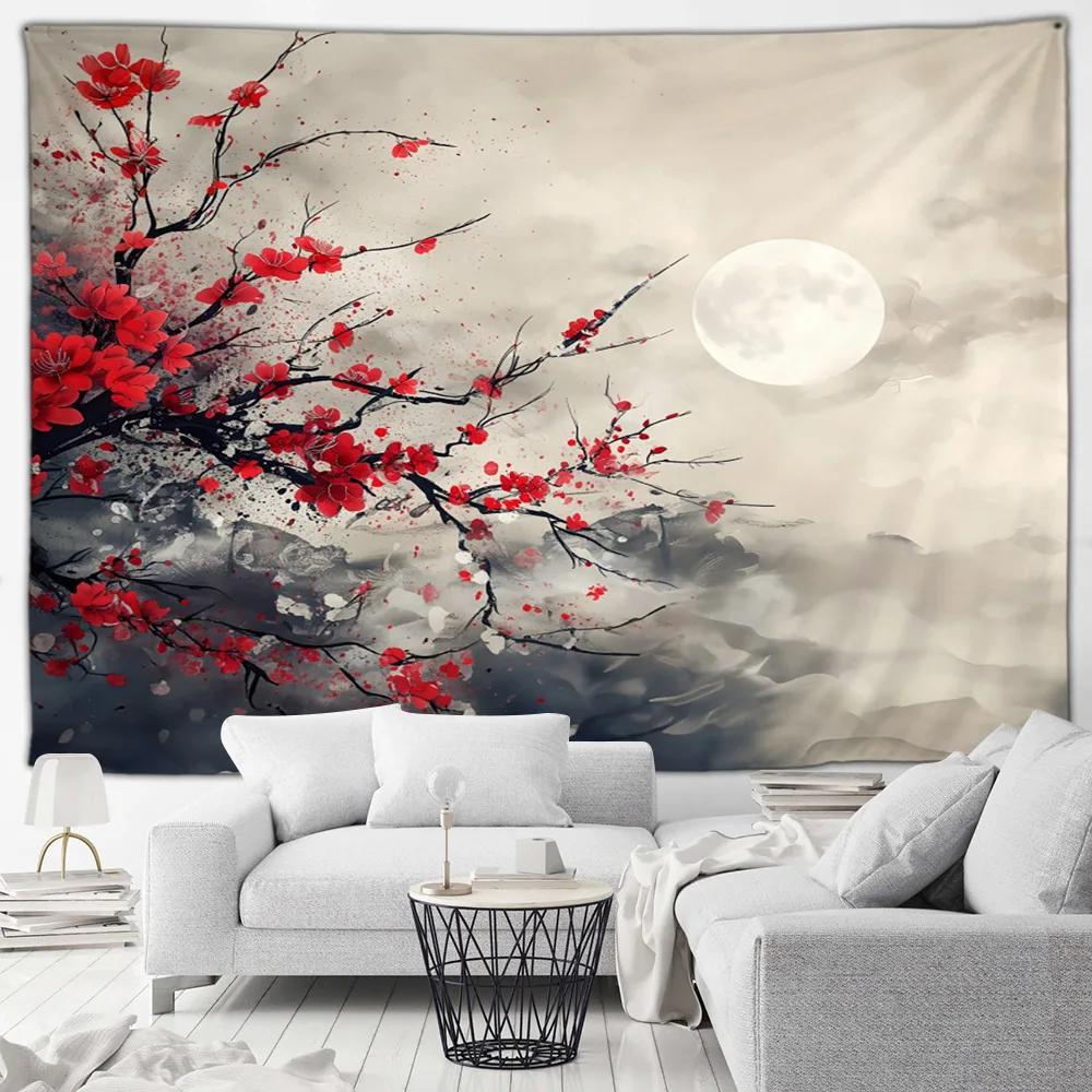 Japanese Landscape Tapestry Pink Cherry Blossom Flowers Misty Mountain Asian Scenery Home Living Room Bedroom Decor Wall Hanging