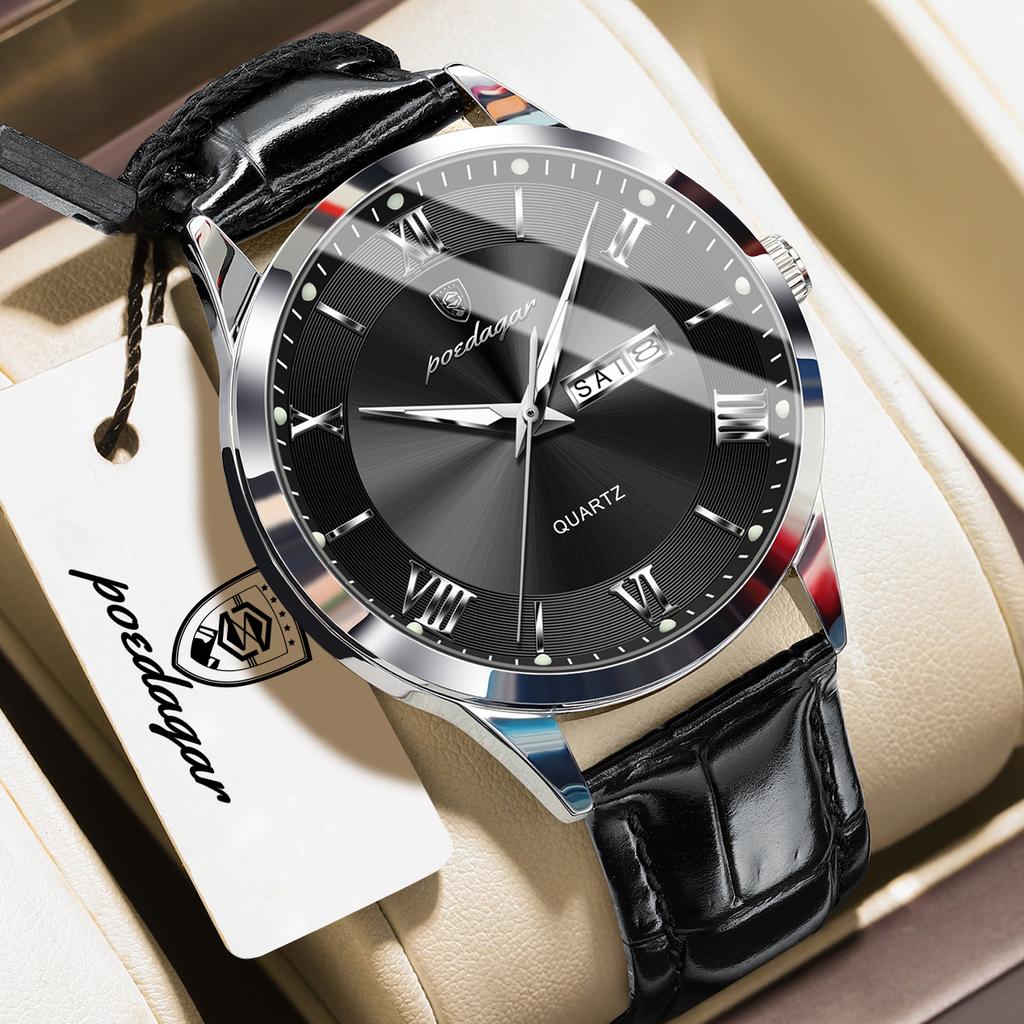 POEDAGAR Top High Quality Man Clock Leather Date Week Quartz Fashion Men Watch Waterproof Luminous Business Casual Men's Watches