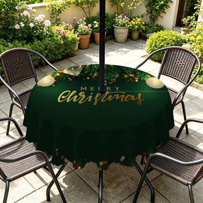 Outdoor Christmas Tablecloth Round Waterproof Oil-Resistant Patio Table Cover Garden Deck Umbrella Hole