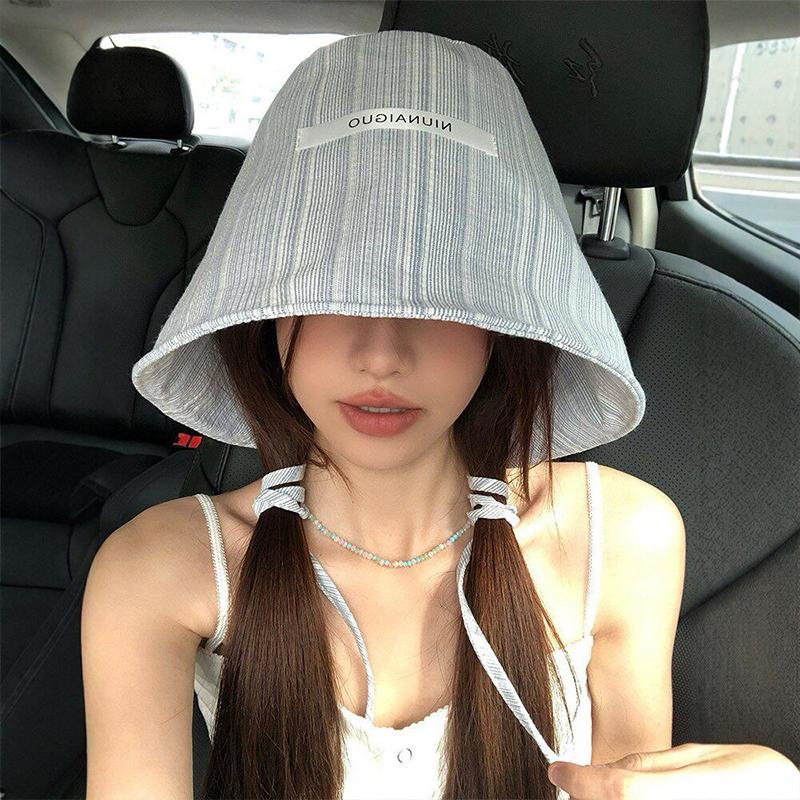 New Summer Women S Striped Bucket Hat Japanese Style Wide Brim Sun Protection Hat Versatile Sun Hat A