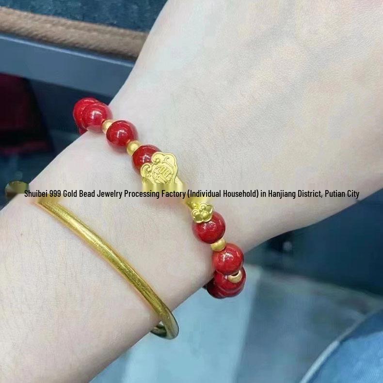 Gold Cinnabar Pixiu Bracelet with Lucky Beads and Curved Tube for Women – 999 Pure Gold DIY Gift