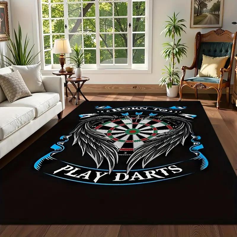 Dart Board Area Rugs Fire Water Design Born To Play Champion Theme Game Room Carpets for Man Cave Decor