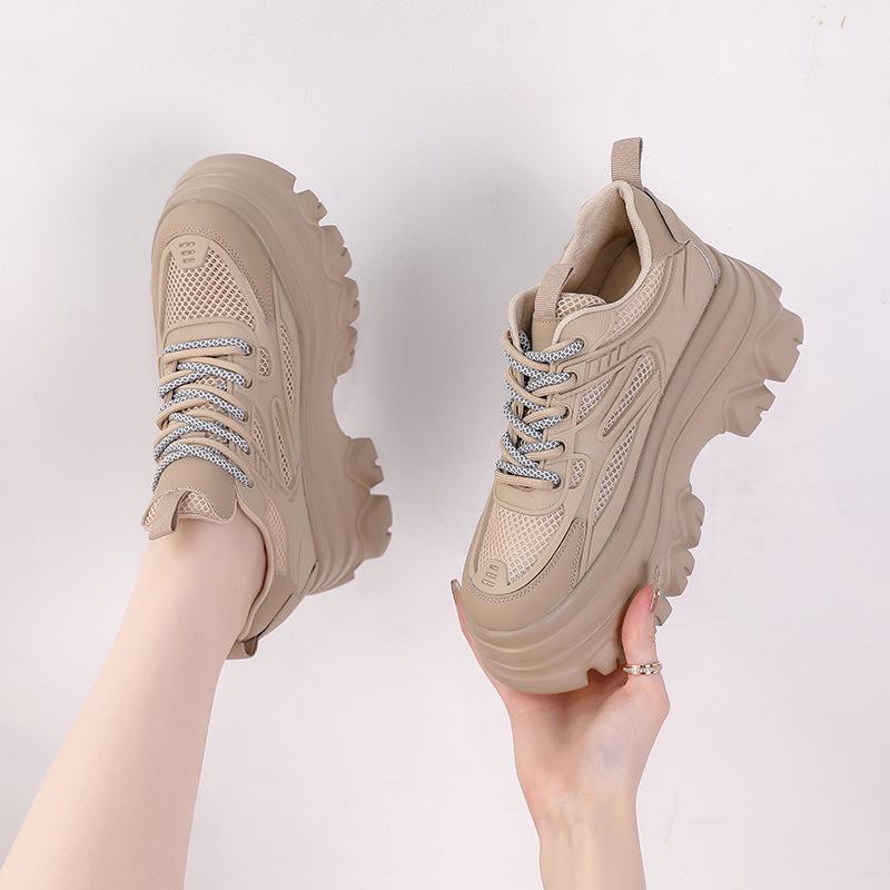 Women's Genuine Leather Height-Increasing Platform Dad Shoes - Breathable, Mesh, Hidden Heel for Autumn & Winter