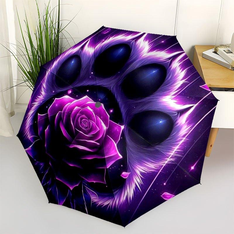Enchanted Purple Rose Paw Print Wall Art DecorUmbrella with Cute Design,Portable 3-Fold Compact Umbrella for Men&Women,Valentine s Day Mothe