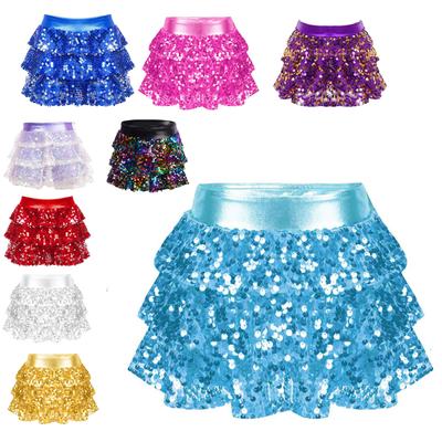 Mädchen-Culotte mit glitzernden Pailletten, gestufter Rüschenrock, Shorts mit metallischem Bund für Tanzwettbewerbe