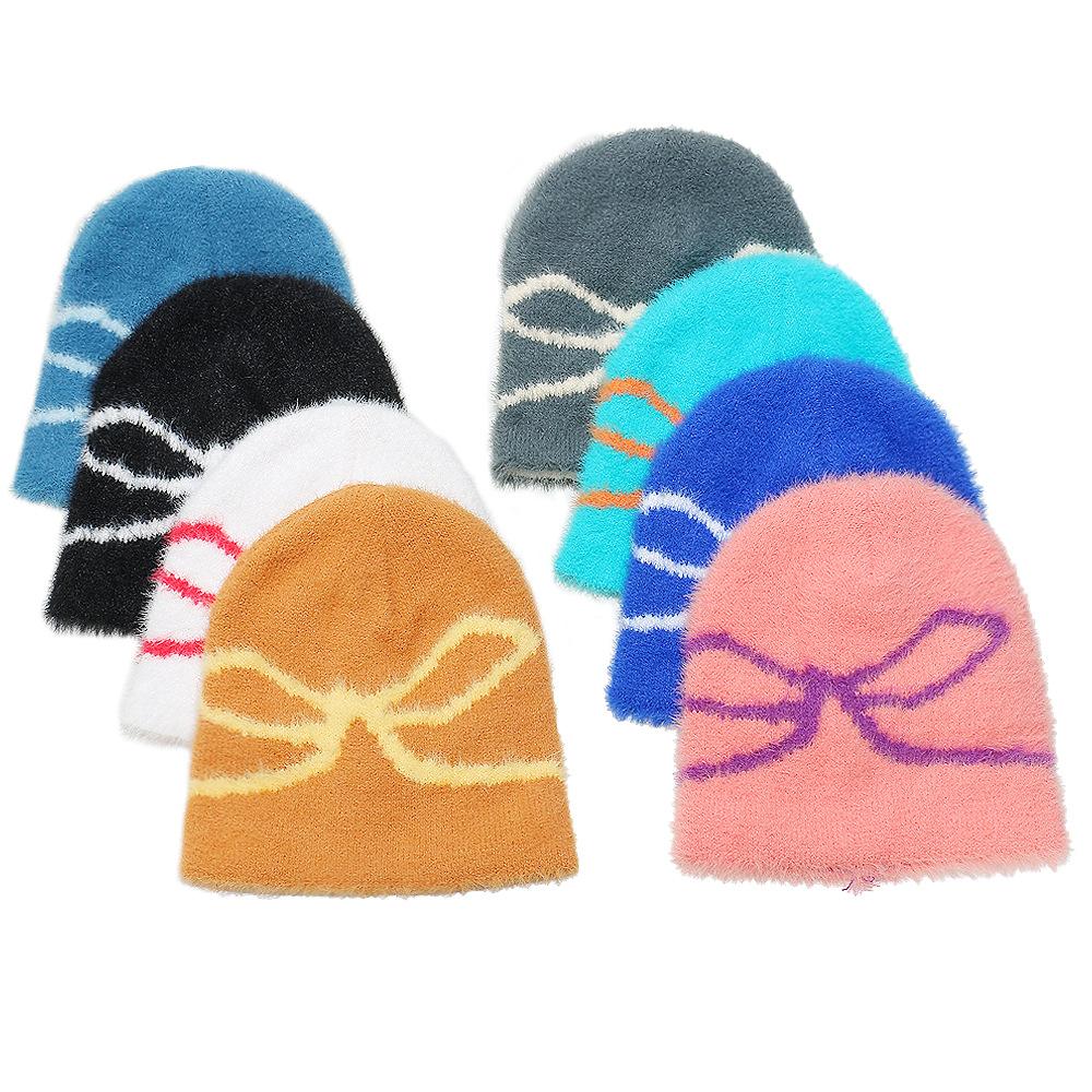 Plush Beanie Hat Brimless Cap Bow Jacquard Plush Warm Winter Hat Women 2025