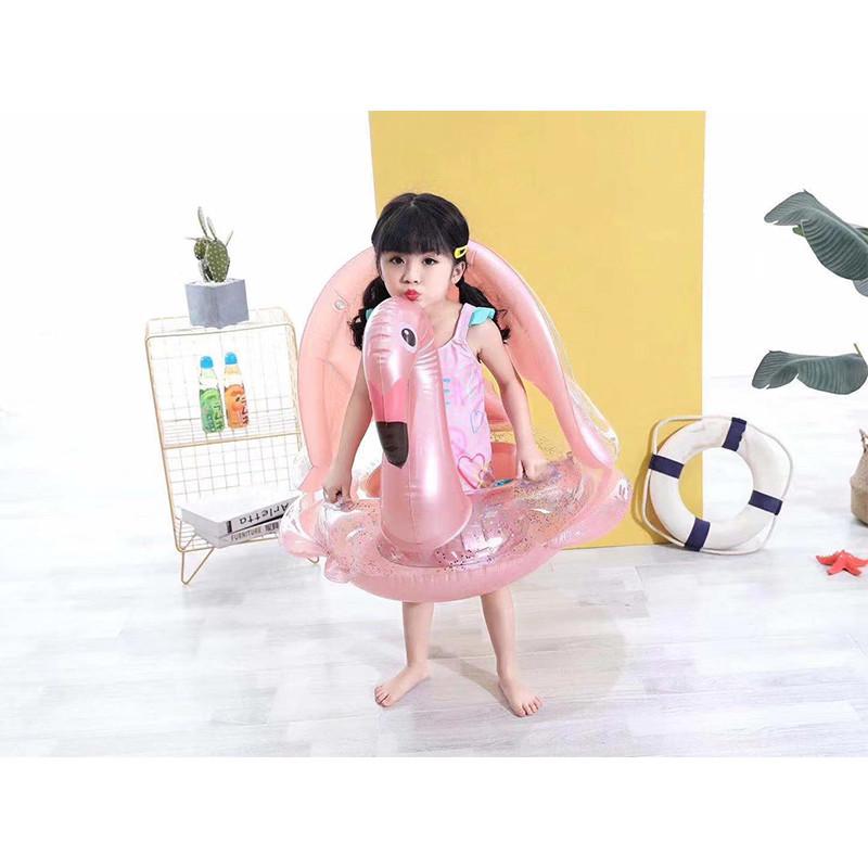 Baby Inflatable Swimming Ring With Sunshade For 1-3 Year Old Boys And Girls Cartoon Pattern Anti-flip Pvc Material Lightweight 580g