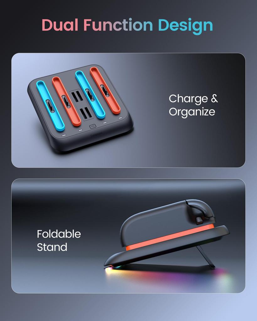 For TRANSNOVO Switch 2 Charging Stand for Nintendo Switch Fast Charger with Adjustable Slim Controller Holds 4 Game Features 9 RGB LED for Home and