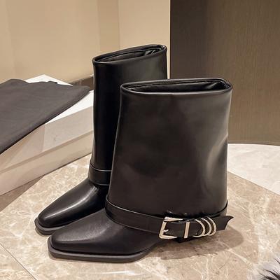 New Soft Leather Western Cowboy Trousers Boot for Women Slip-On Buckle Decoration Chunky Heel Mid-Calf Botas Zapatos Mujer