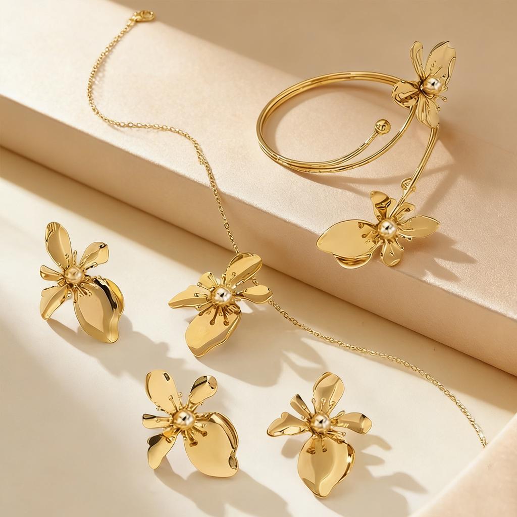 1 set of elegant retro flower bracelet ring stud earrings necklace set niche temperament women's jewelry