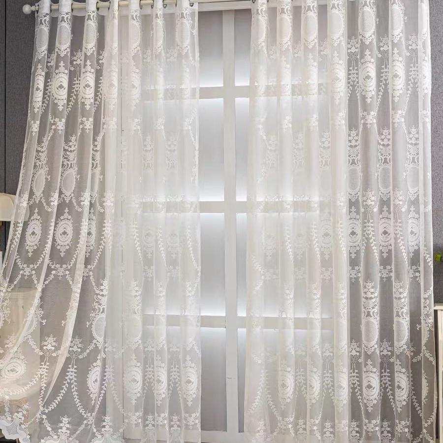 1pc Modern Embroidered Sheer Curtain Panel, 100% Polyester Rod Pocket Window Drapes for Living Room Bedroom, Geometric Pattern