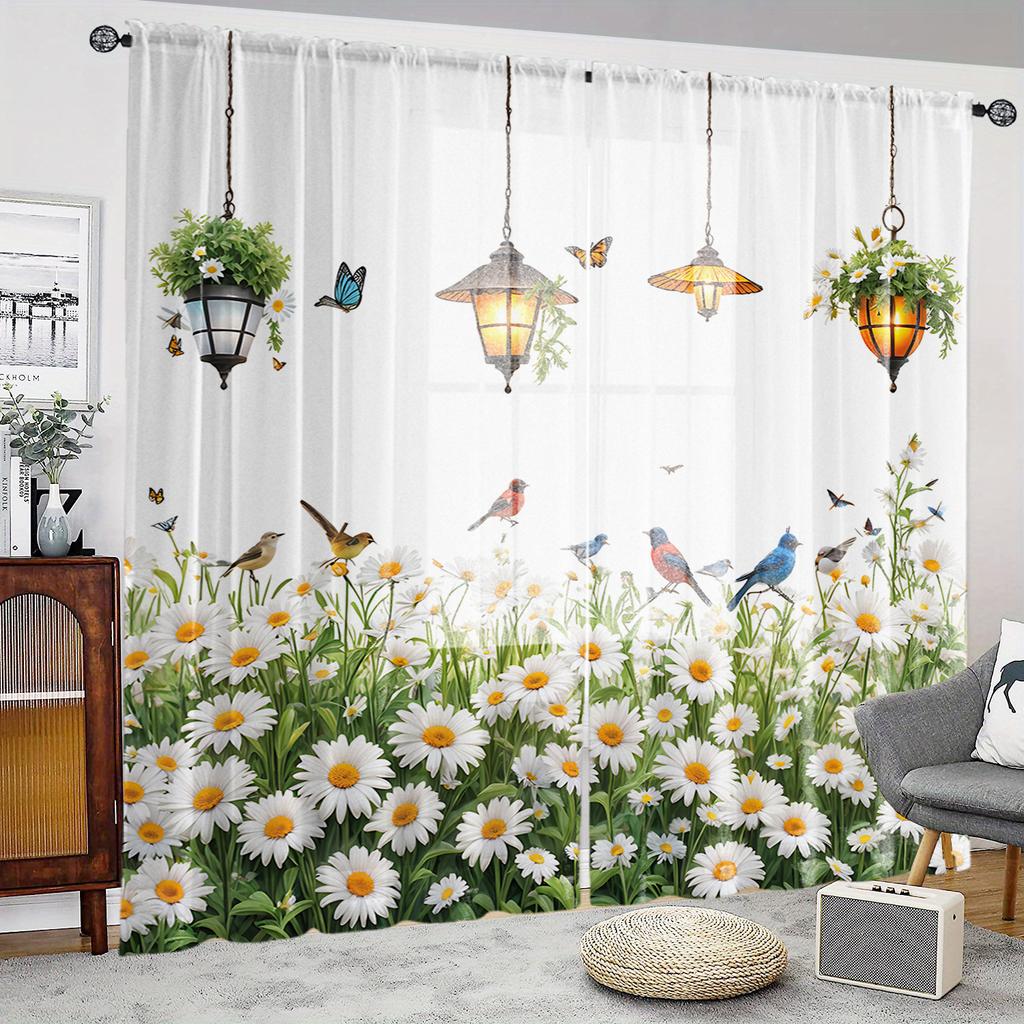 2 st HD digitalt tryckta fönsterskärmar med vita prästkragar Heminredningsstil Inredning Vardagsrum Sovrum Stånggardin E