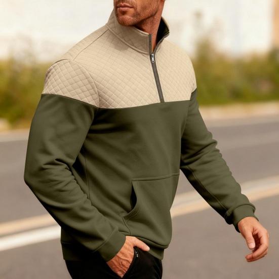 Yousheng Herr Kvartsdragkedja Sweatshirt Färgblock Casual Pullover Mock Neck Sweatshirt med Känguruficka för Höst Vinter Sport Fest Gata