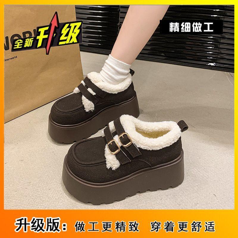 Snow Boots Women's Thick-soled Heightening Velvet Warm Small Leather Shoes Women's 2025 Autumn and Winter New Versatile One-pedal Cotton Shoes