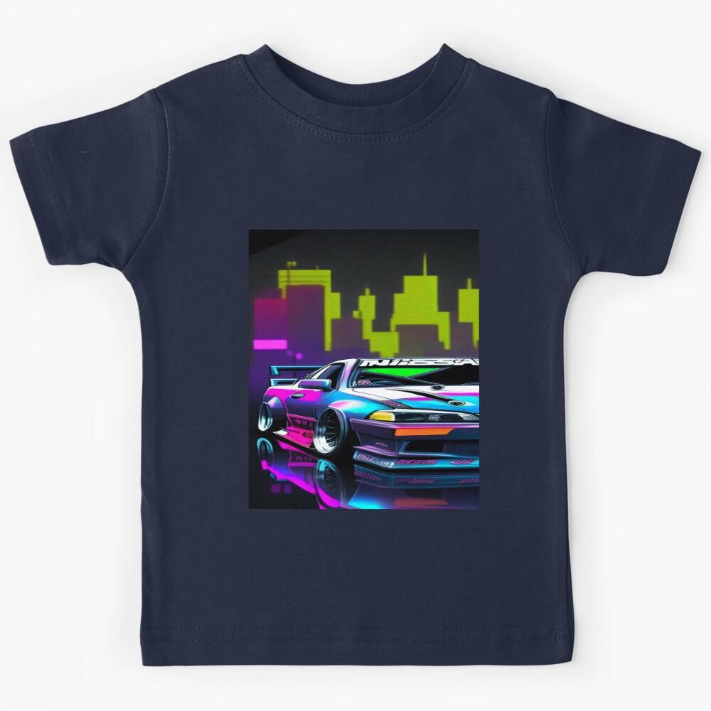 Custom Car with neons and green purple background buildings Kids T-Shirt 100