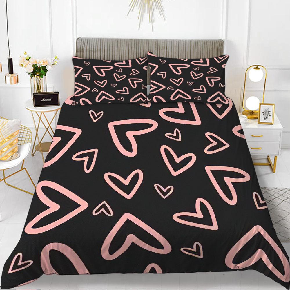 Love Theme Duvet Cover Set King Queen Size Heart Shape Romantic Letters Pink Flower For Kids Girls Couples Polyester Bedding Set
