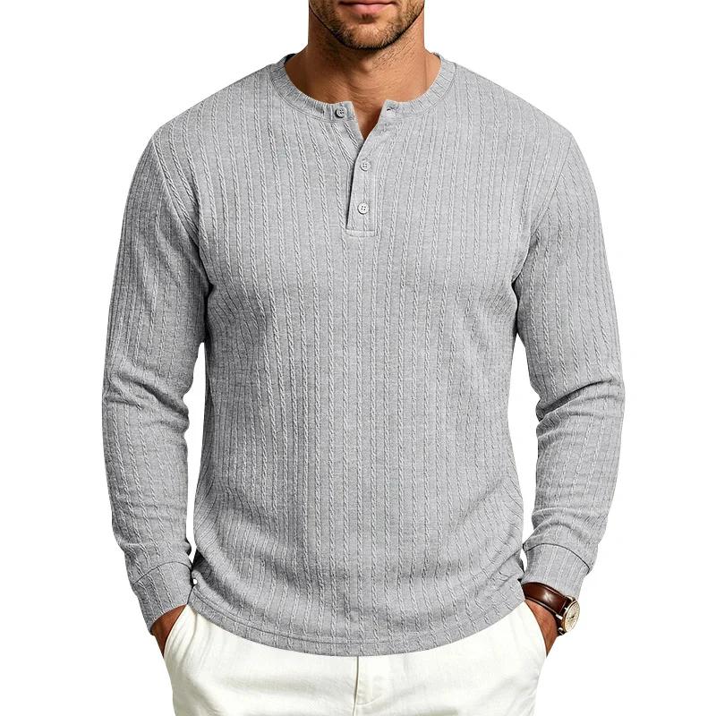 Spring Autumn Men's Knit T-Shirts Henry Collar Solid Color Striped Casual Tshirt Men Vintage Style Fashion Knitted Pullover Tees