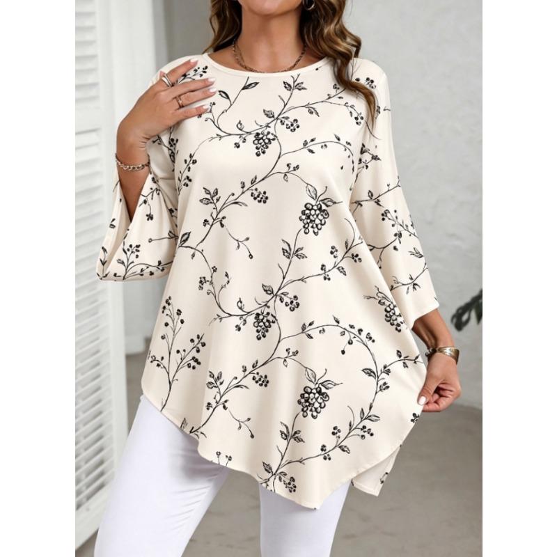 [Blusentop in Übergröße] Damen Casual Elegantes Blusentop mit Blumendruck und Rundhalsausschnitt für den Sommer - Übergröße