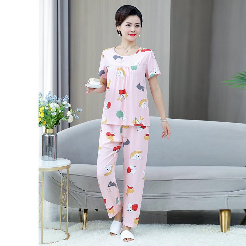 

2026 Summer Women s Short-Sleeve Long Pajama Set for Mid-Aged and Elderly Moms 2XL (Recommended 105-125 jin)