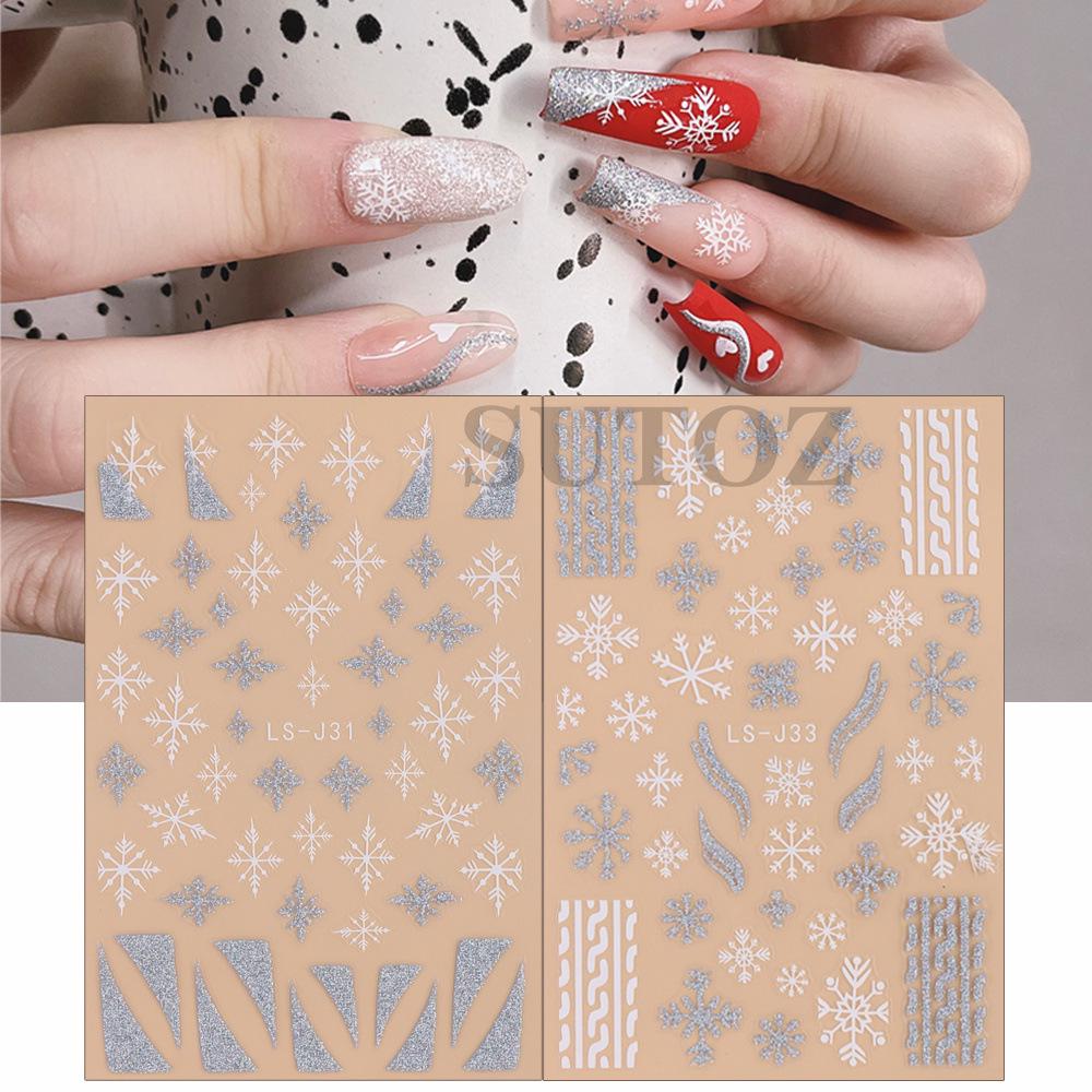Winter Christmas Nail Stickers: Gold & Silver Glitter, Trees, Reindeer, Snowflakes