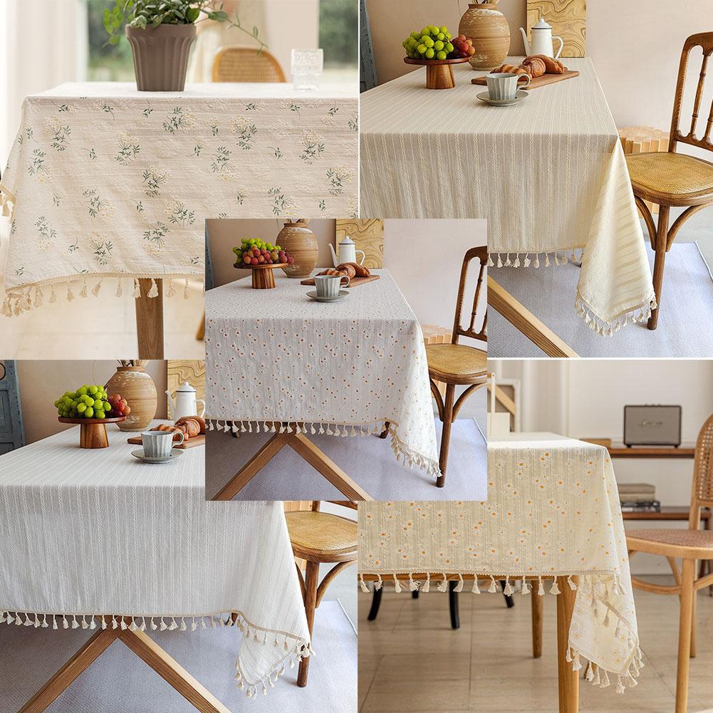 1PC Rural Floral Daisy Lace Tassels Cotton Rectangle Table Cover for Tea Table Decorations Kitchen Living Room Wedding Party Use