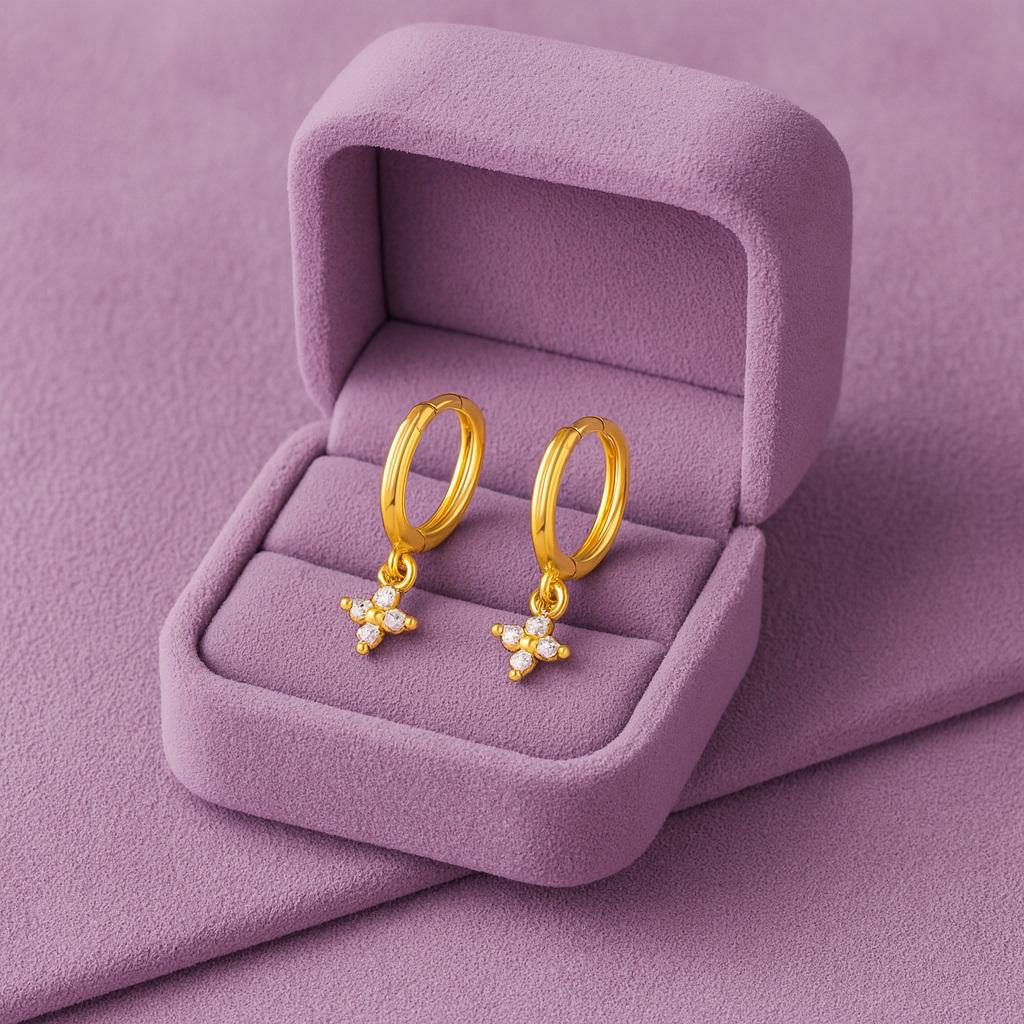 Floral Drop Dangle Huggie Hoop Earrings - Sterling Silver Yellow Plated