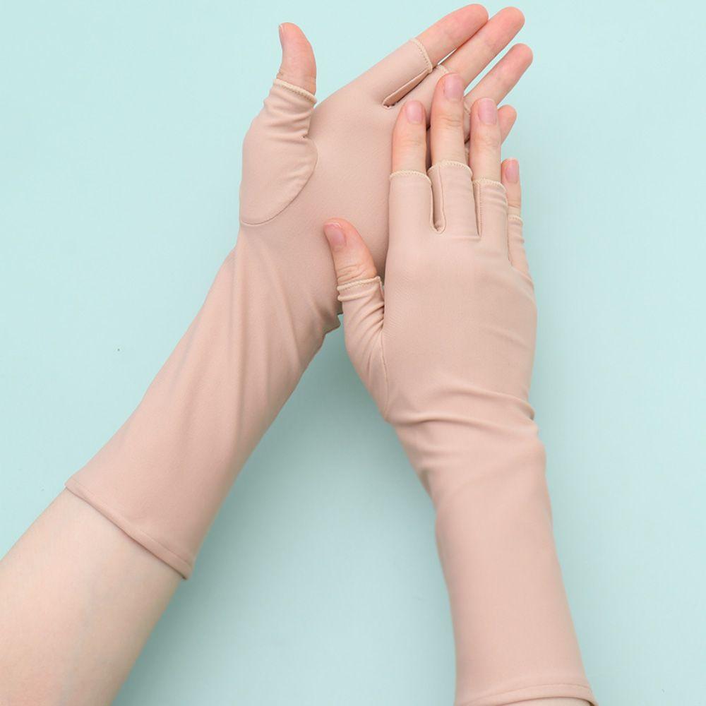 Sunscreen Protection Fingerless Long Gloves Women Arm Cool Summer Solid Mittens Half Finger Sleeves Black White Nude