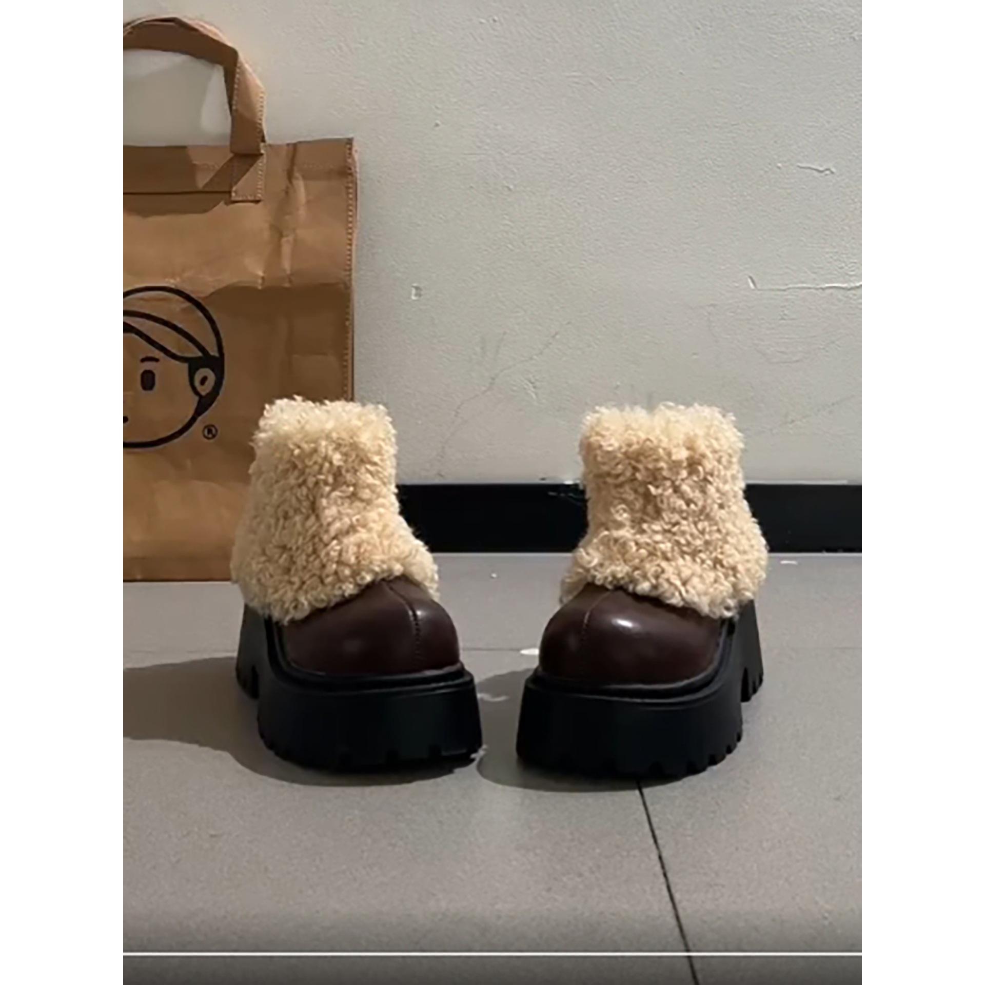 Brown fleece thickened non-slip thick heel thick-soled snow boots 2025 new winter heightening warm fluffy cotton shoes 35