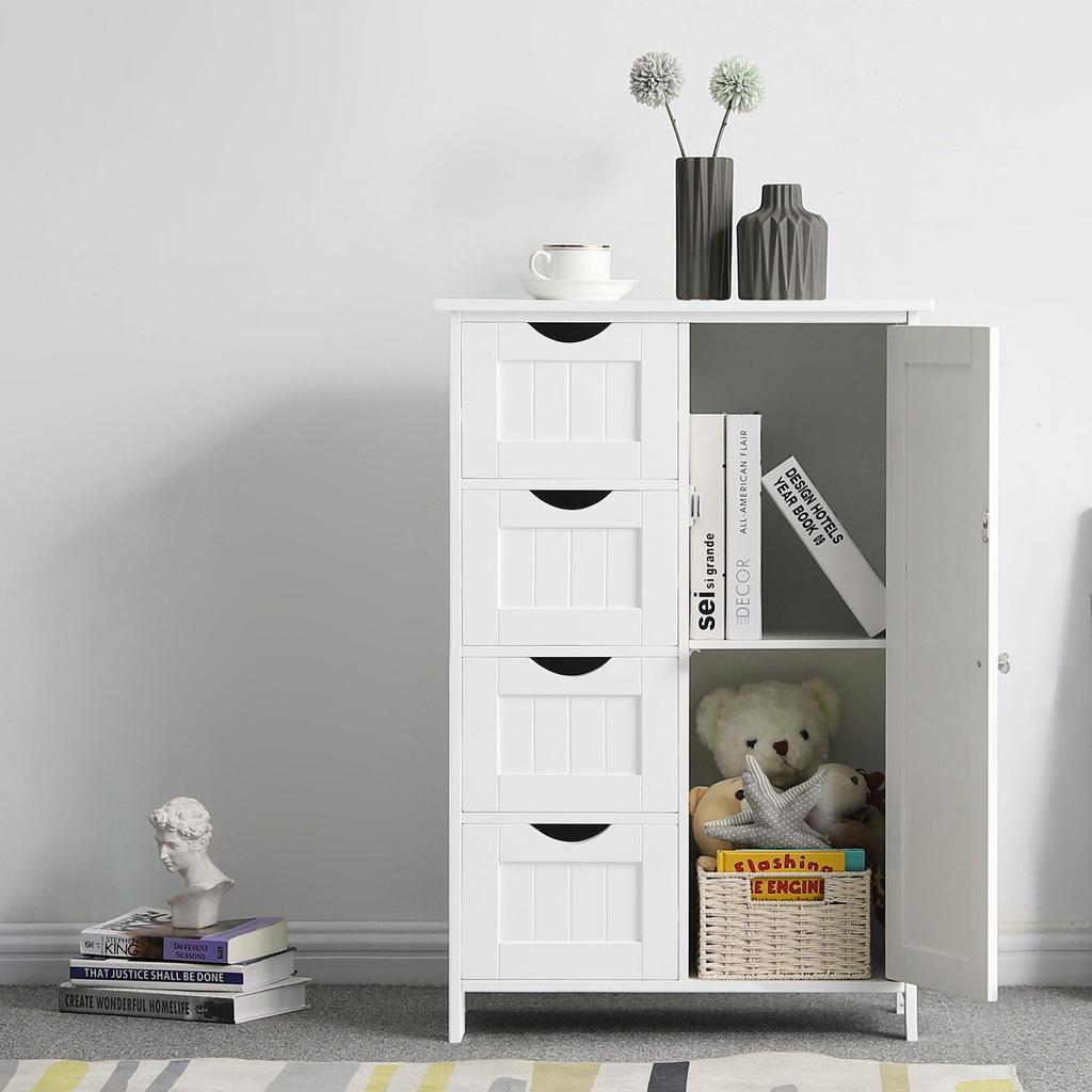 VASAGLE Bathroom Floor Storage Cabinet, Wooden Storage Unit with 4 Drawers, Single Door, Adjustable Shelf, for Living Room, Kitchen, Entryway, White